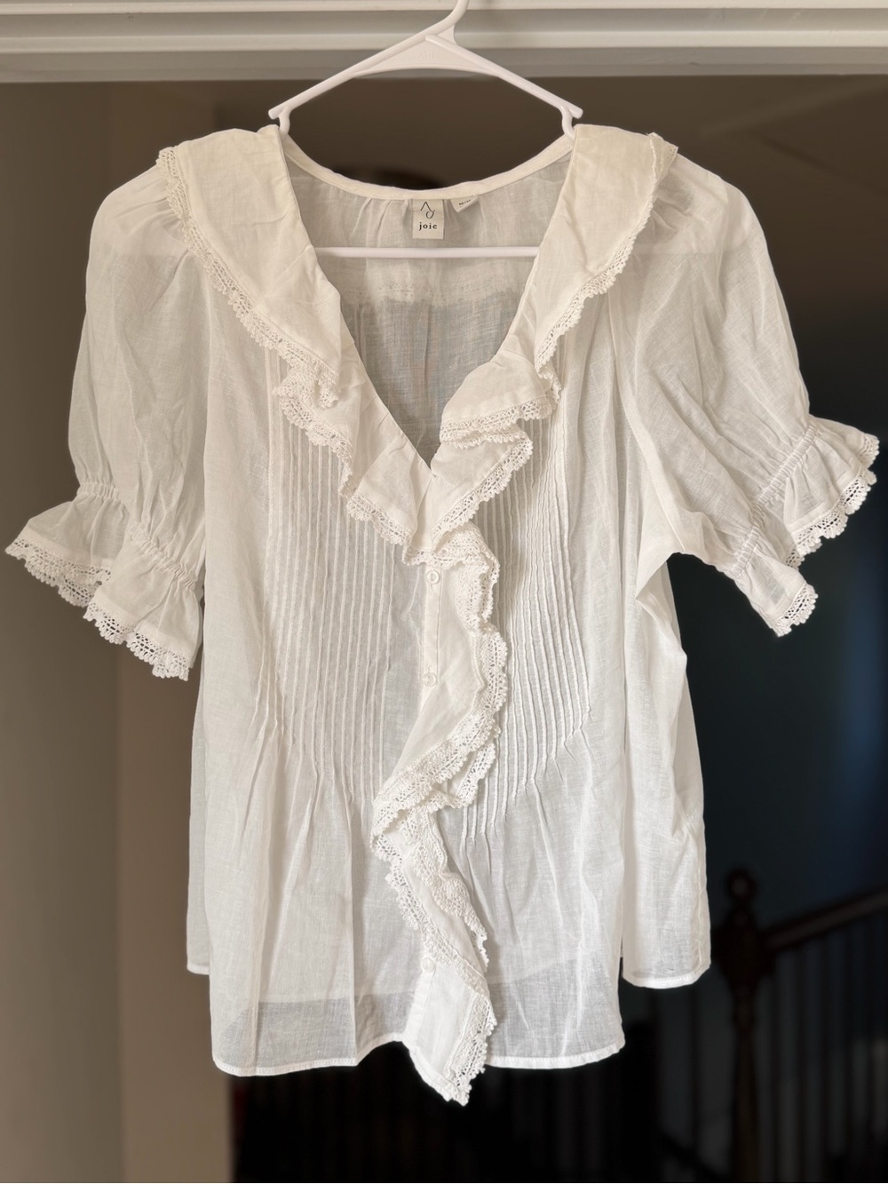 Joie White Cotton Ruffle Pintuck Blouse Lace Trim Cottagecore Top M